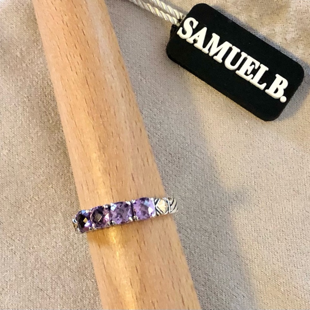 EUC Samuel B. Sterling Silver/18K Gold Amethyst Band Ring SZ 8